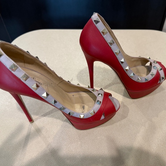 Valentino Garavani Shoes - Valentino Rockstud  Red and Tan peeptoe platform heel
